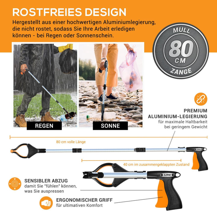 2 x EZPIK® 80 cm Müllzange mit Magnet-Greifarm, Robuste Greifzange Lang, Drehbare Müllgreifer Zange,