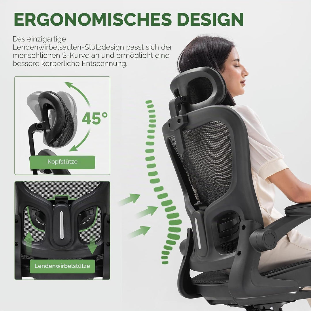 GTPLAYER Bürostuhl Ergonomisch, Schreibtischstuhl mit Verstellbarer Kopfstütze, Armlehnen, Lendenwir