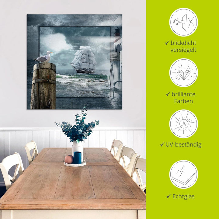 ARTland Glasbilder Wandbild Glas Bild einteilig 50 x 50 cm Maritime Deko Collage Segelschiff Leuchtt