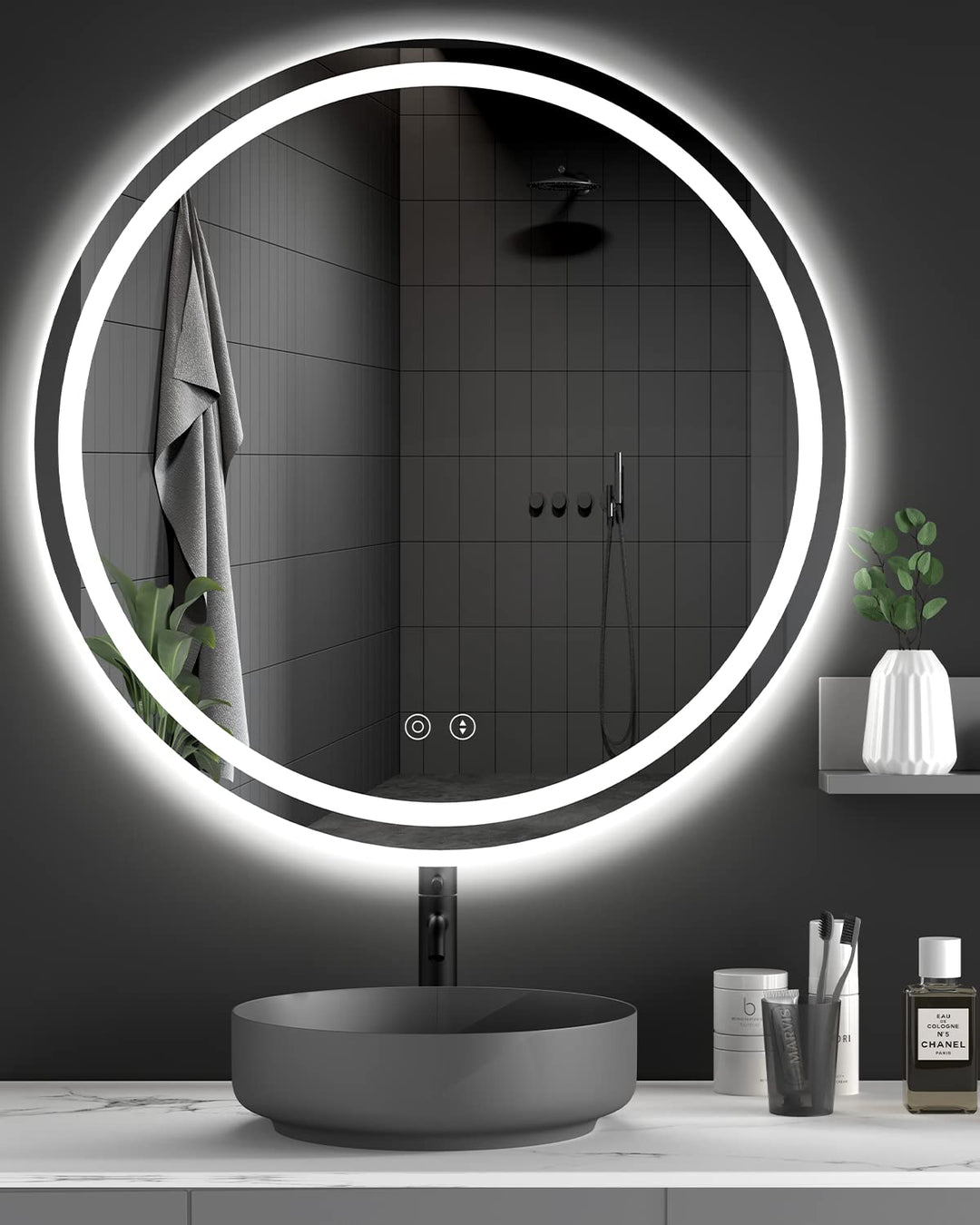 Dripex Badspiegel mit Beleuchtung Rund Led Spiegel mit Touch-Schalter, Dimmbar, 3 Lichtfarbe Einstel