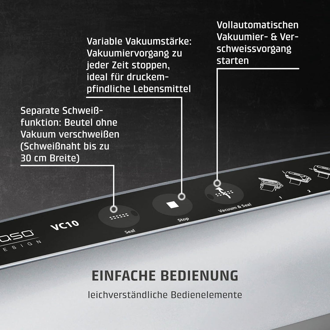 CASO VC10 Vakuumierer - Vakuumiergerät, Lebensmittel bleiben vakuumiert bis zu 8x länger frisch, 30c