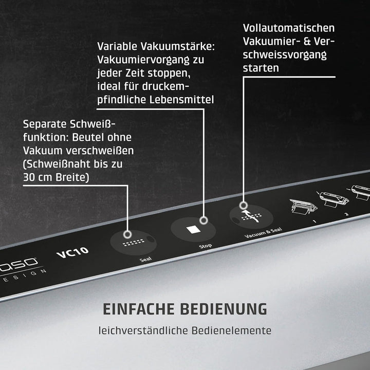 CASO VC10 Vakuumierer - Vakuumiergerät, Lebensmittel bleiben vakuumiert bis zu 8x länger frisch, 30c