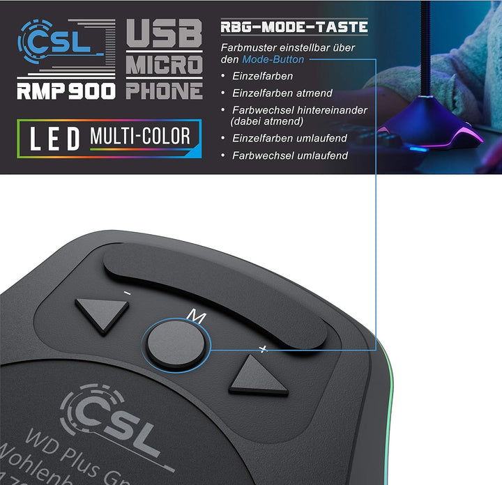 CSL - USB PC Mikrofon RGB – Tischmikrofon Standmikrofon – einstellbare Lautstärke – hohe Klangqualit