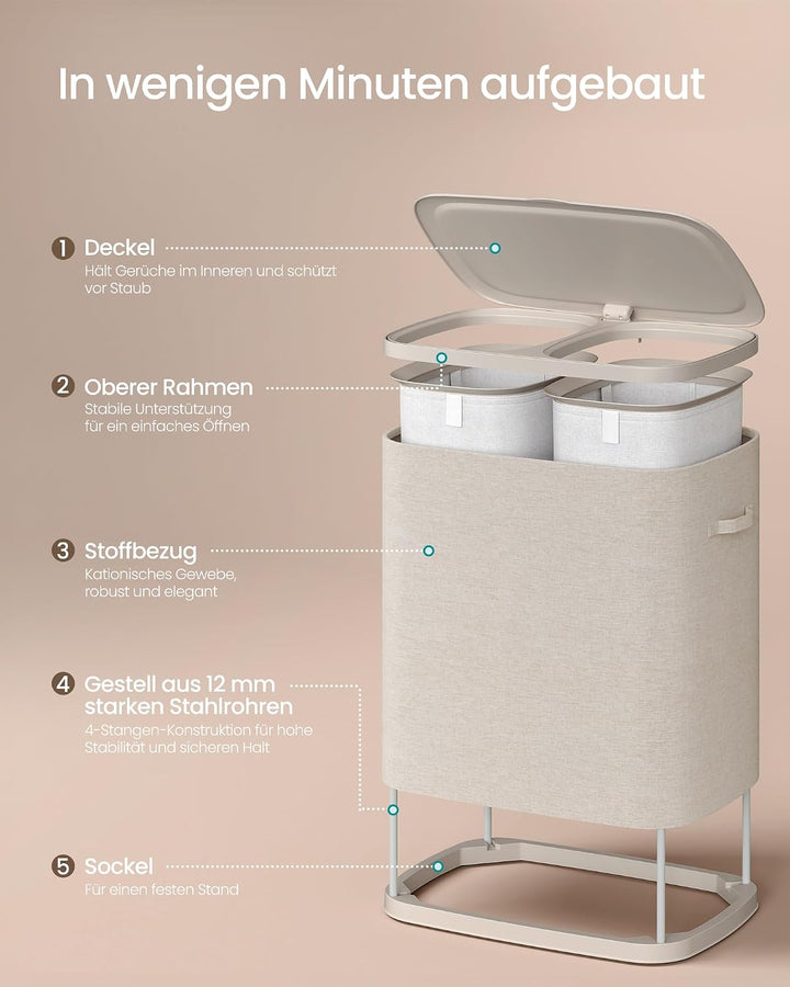 SONGMICS Wäschekorb 160 L, Wäschesammler 2 Fächer, Wäschesortierer mit Deckel, Griffen, Innensack he
