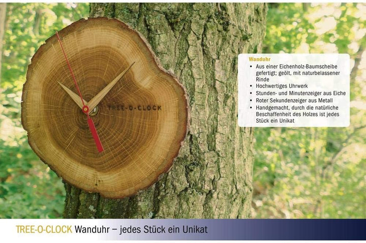 TFA Dostmann Tree-O-Clock Wanduhr aus Eichenholz, 60.3046.08, hochwertiges Uhrwerk, handgemacht in d