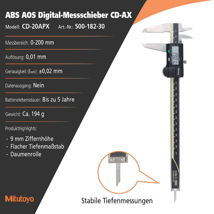MITUTOYO Digital Messschieber ohne Datenausgang DIN 862, Tiefenmass flach 0-200 mm, 1 Stück,500-182-