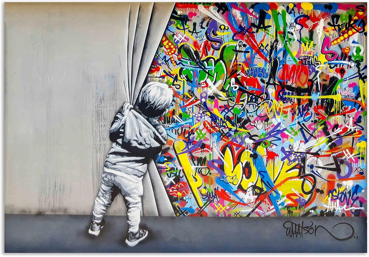 Wandbilder Bilder Banksy like - Junge hinter dem Vorhang - Wandbild auf Leinwand, hochwertige Street