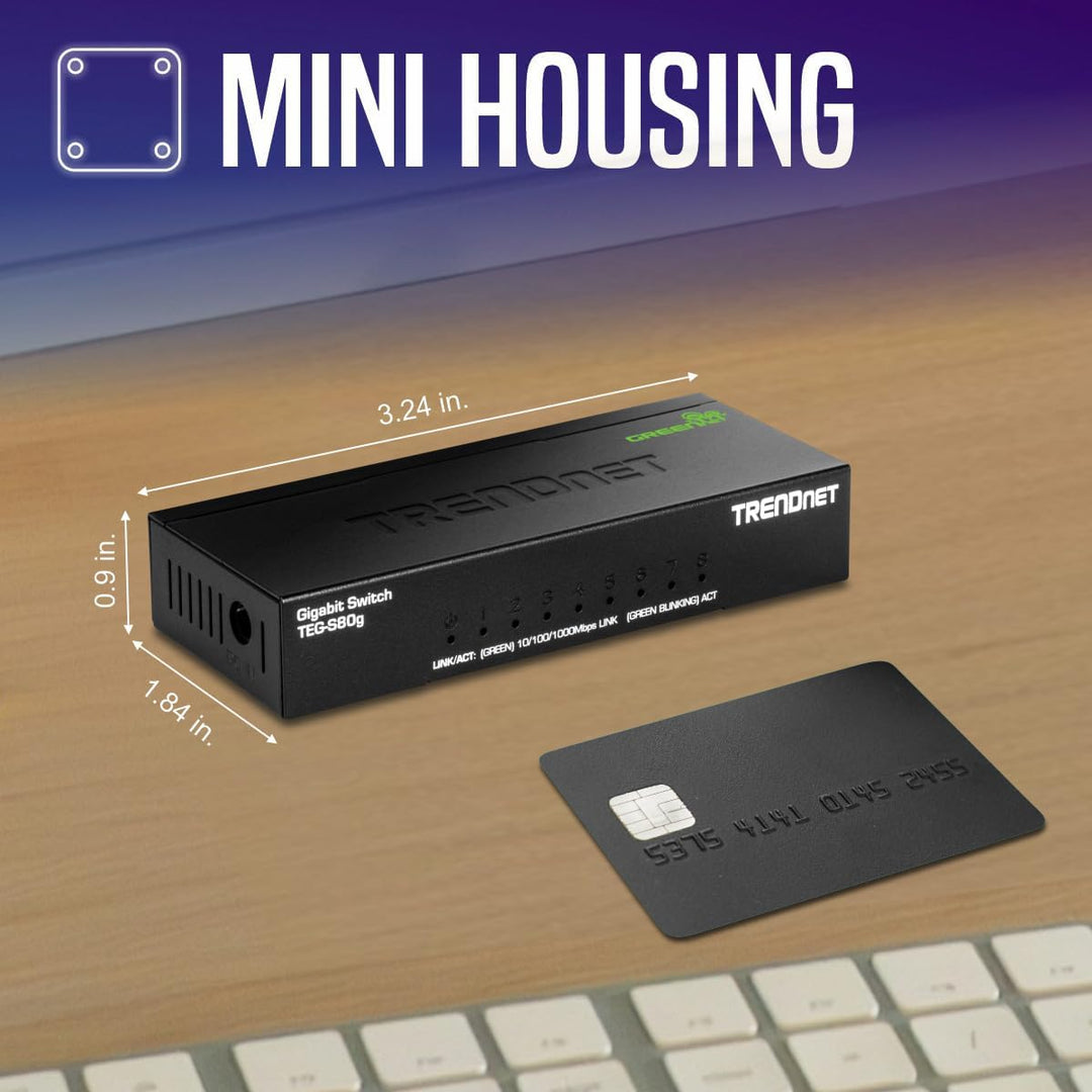 TRENDnet 8-Port Unverwalteter Gigabit GREENnet Desktop Metall Switch, Ethernet Splitter, Lüfterlos,