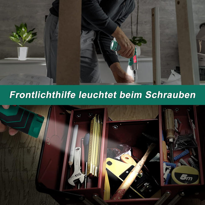 HYCHIKA Akkuschrauber, 6N·m Drehmoment 2000mAh 3,6V Akku mit 35 Zubehörteilen, LED-Licht und Taschen