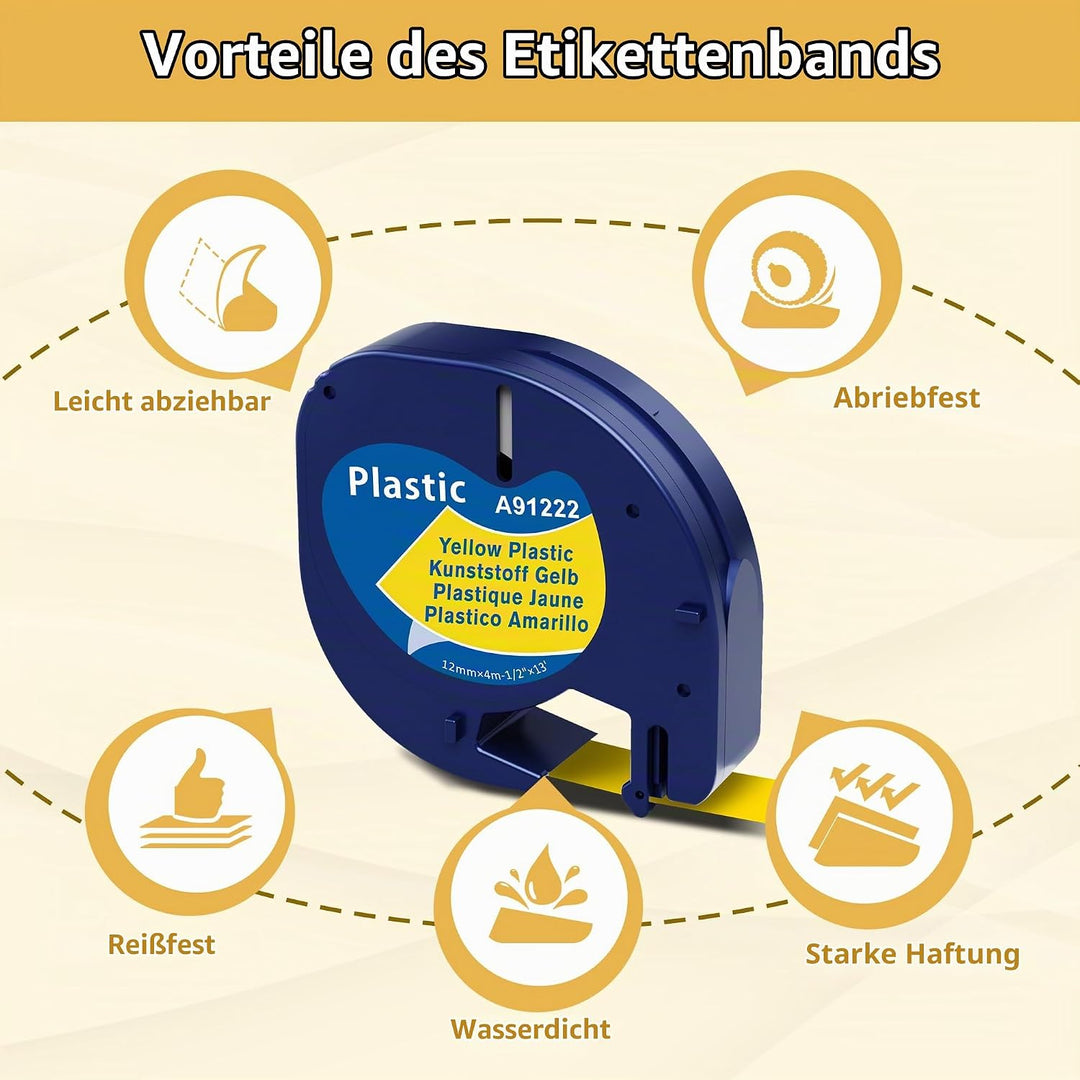 MarkField kompatible Schriftband für Dymo Letratag Gelb Kunststoff Etikettenband, Schwarz auf Gelb f