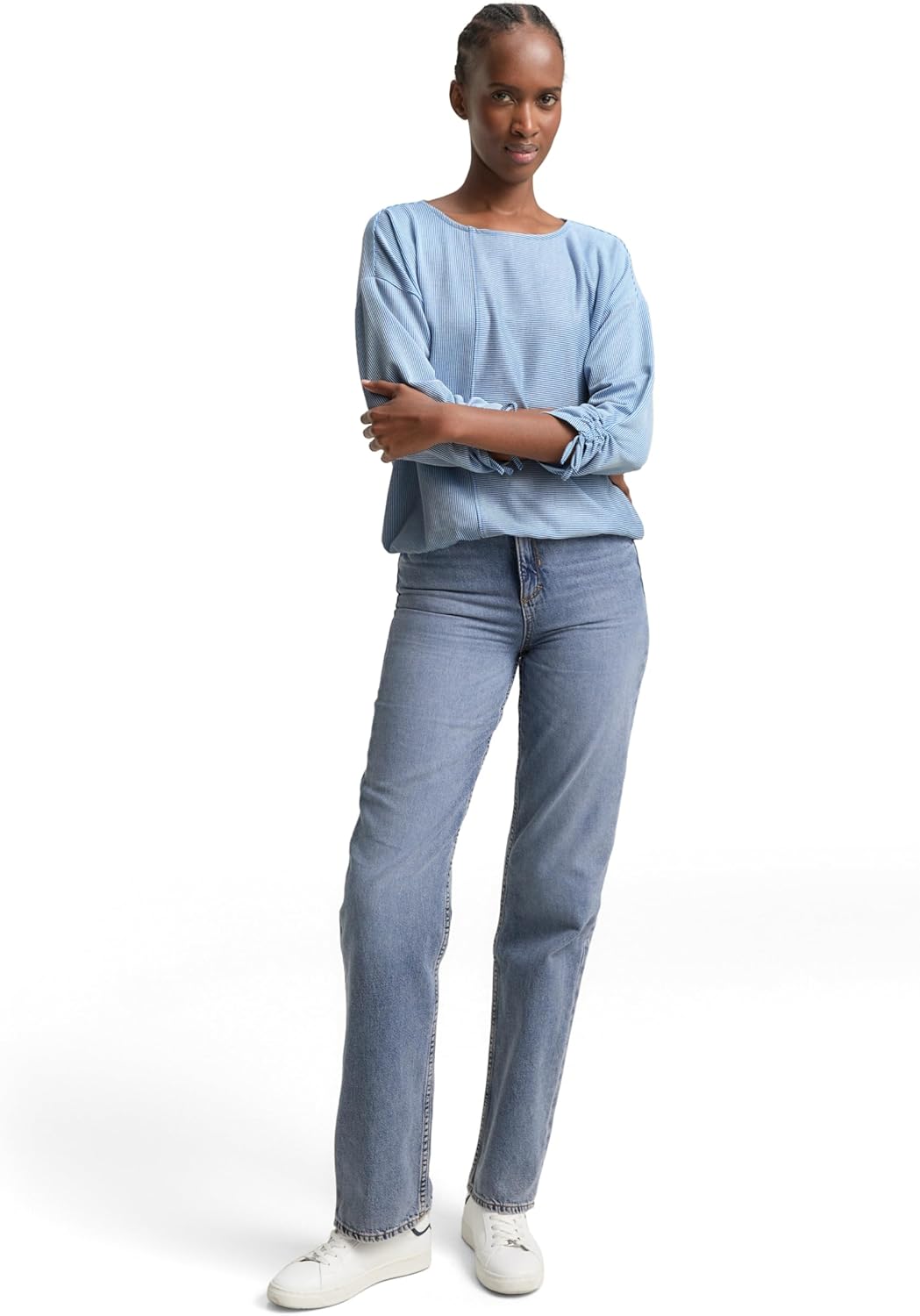TOM TAILOR Denim Damen Loose Fit Longsleeve mit Streifen & Raffarm XS 31347 - Small Mid Blue White S