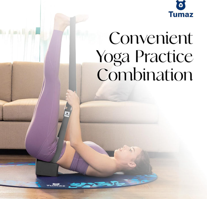 Tumaz Yoga Block 2er Set mit Yoga Gurt [240 cm] - Yoga Blöcke Eva-Schaum mit hoher Dichte und gering