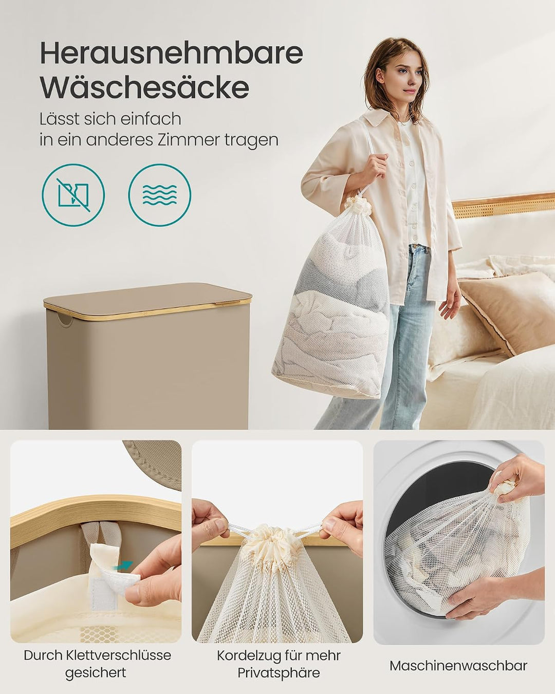 SONGMICS Wäschekorb mit Deckel, Wäschesammler mit 3 Fächern, 150 L, herausnehmbarer Wäschesack, Oxfo
