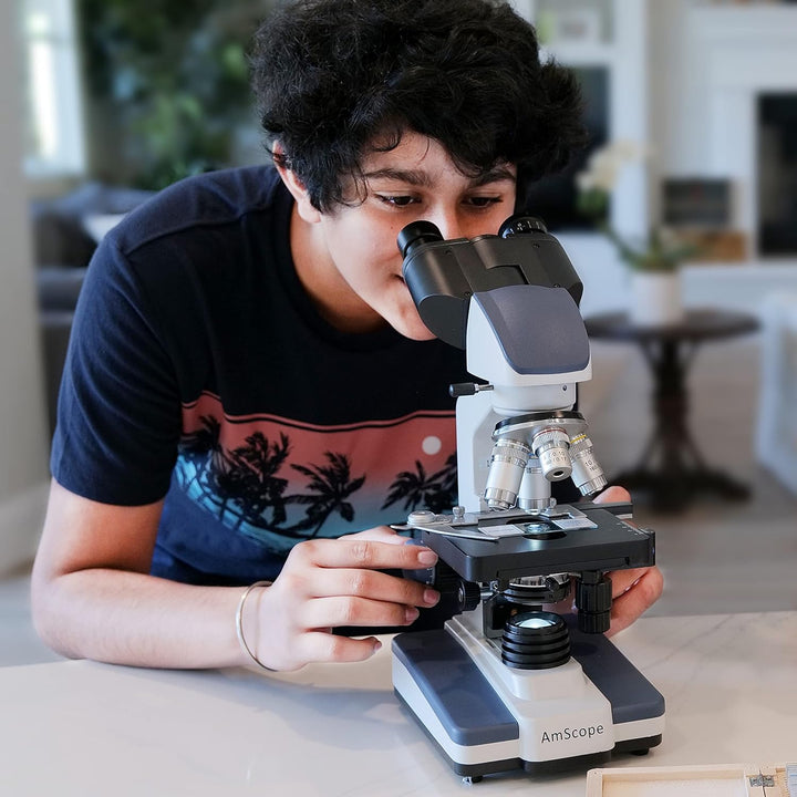 AmScope B120C-10M 40X-2500X LED Lab Binokular-Verbundmikroskop mit 3D-Bühne und 10MP-Kamera