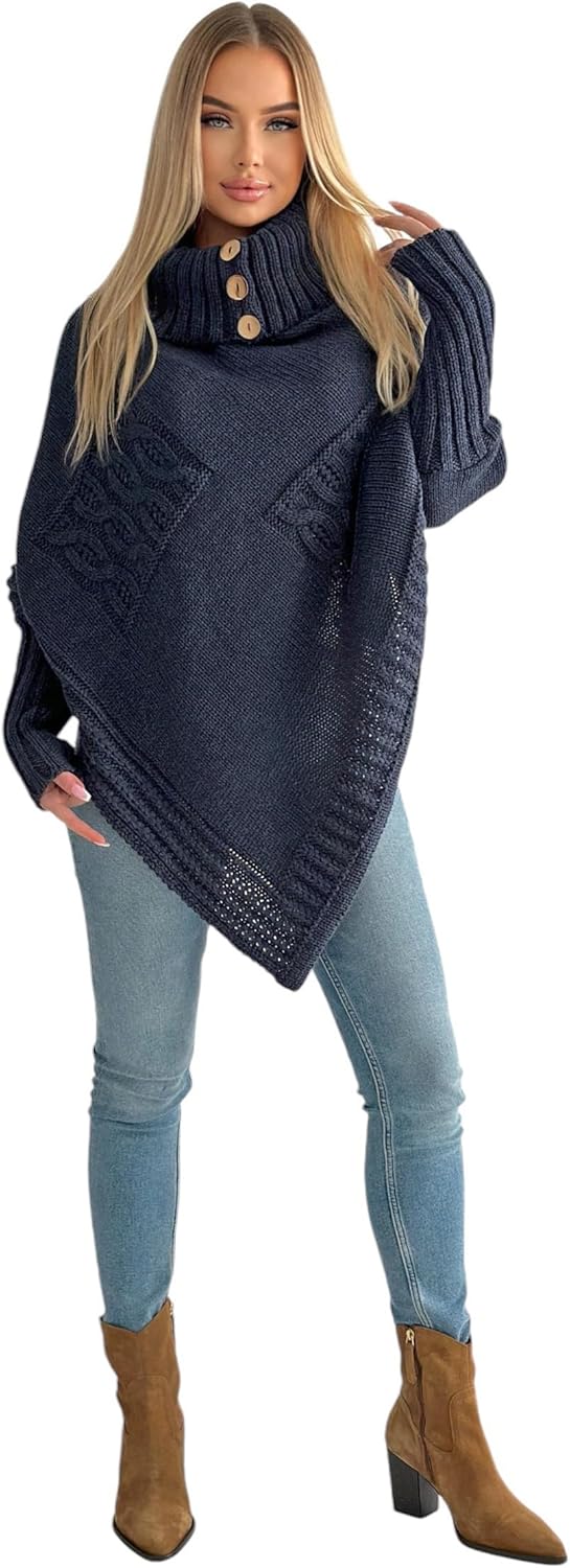 Mississhop Poncho Strick Sweatshirt Pullover Umhang Überwurf Einheitsgrösse Nachtblau, Einheitsgröss