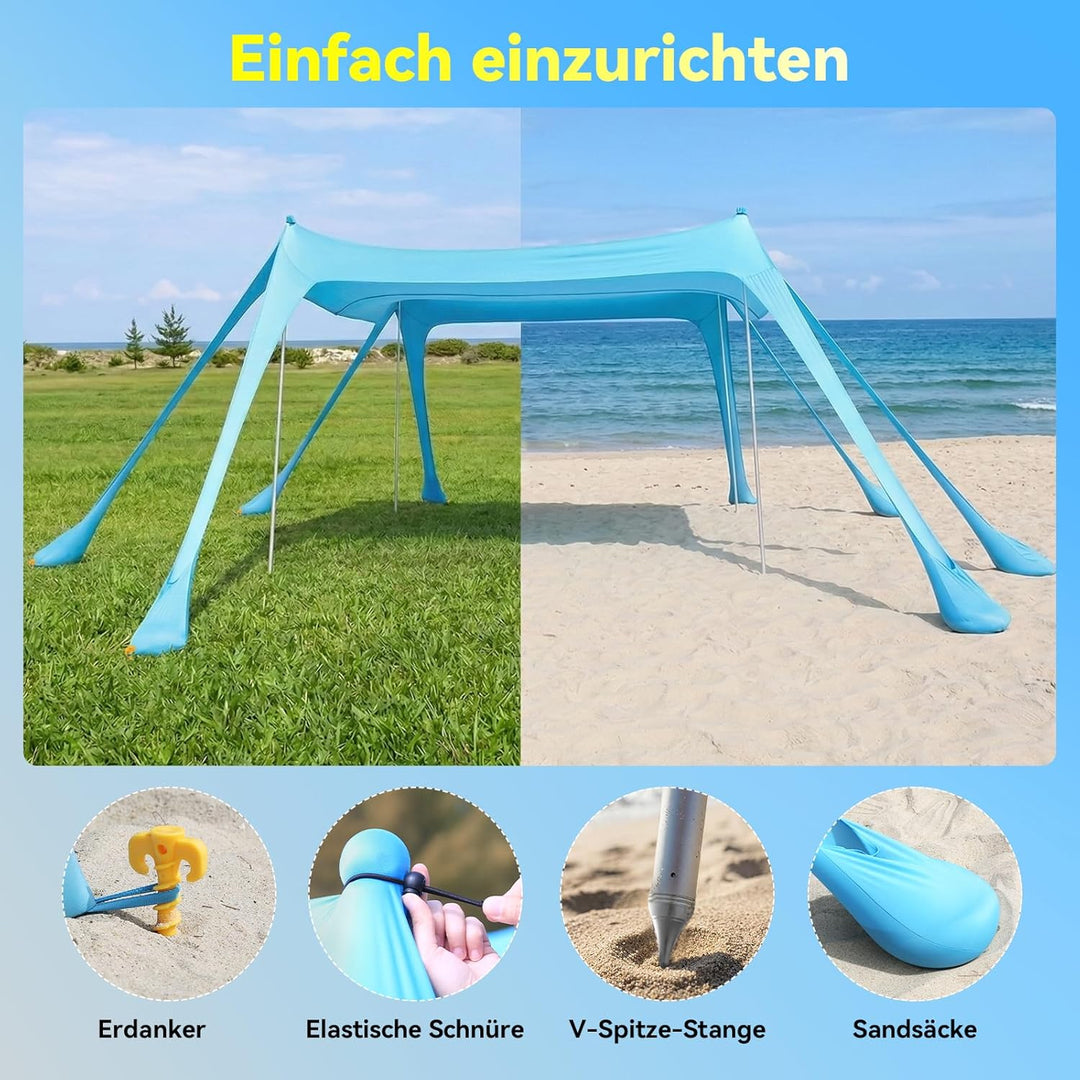 Purebox Strandzelt - Strand Sonnensegel mit UPF 50+, Einfacher Aufbau, mit 8 Sandsäcken, 10x10FT Son