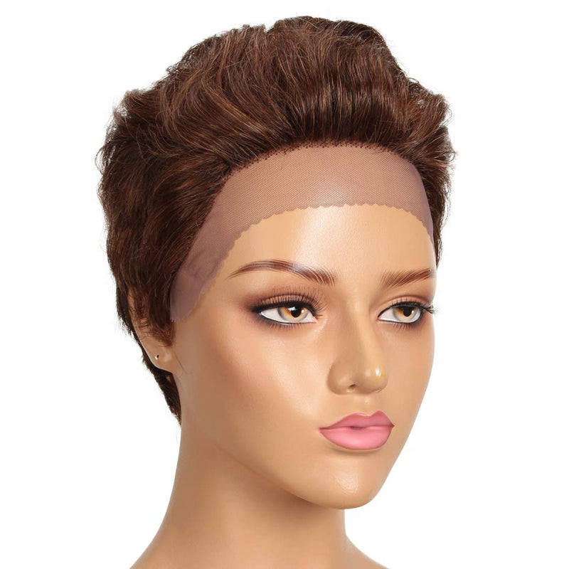 Echthaar Perücke mit Filmansatz kurz Pixie Damen Perücke Lace Front Wigs 22cm 79g Braun