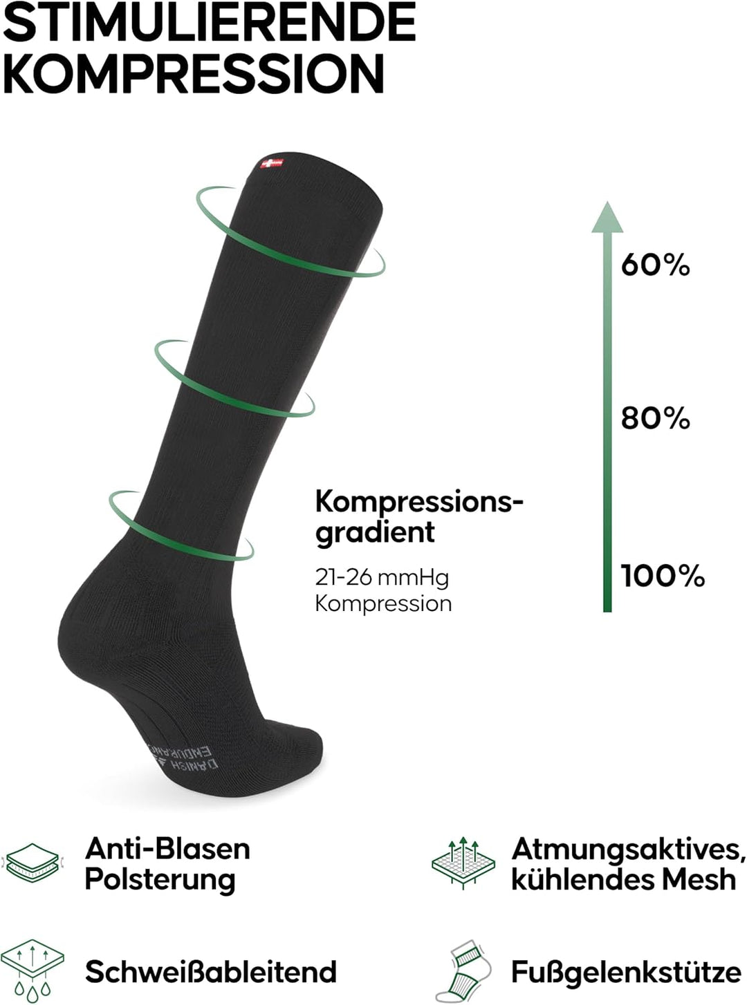DANISH ENDURANCE Kompressionsstrümpfe 21-26 mmhg, optimale Kompression, Laufen &amp; Sport, Herren und D