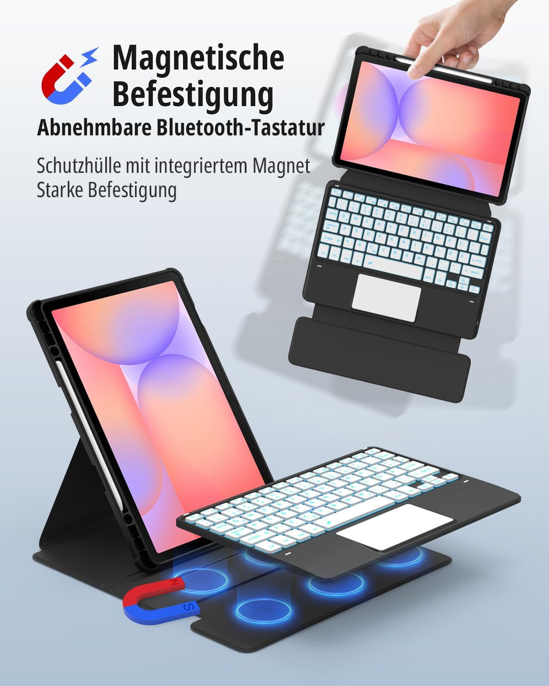 CACOE 360° Drehbare Hülle mit Tastatur für Samsung Galaxy Tab S10 Lite / S10 FE / S9 FE / S9 10.9/11