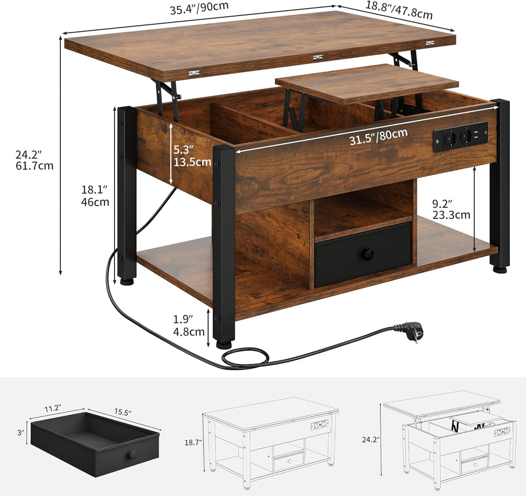 YITAHOME Couchtisch mit Höhenverstellbarer, 4-in-1-Multifunktions-Couchtisch mit Stauraum und LED Be