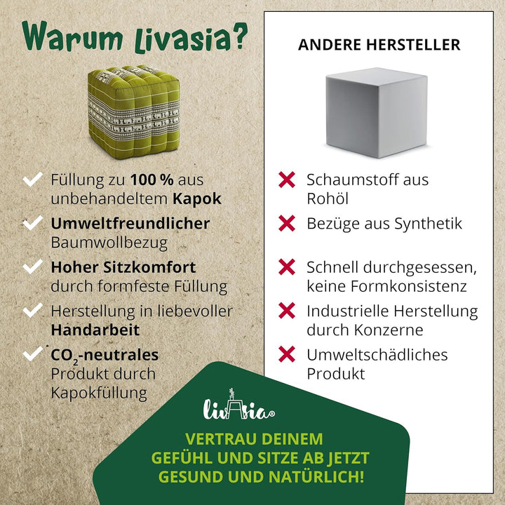 livasia Würfelkissen quadratisch, Sitzhocker mit organischem Kapok, Sitzpouf, Lagerungswürfel vierec