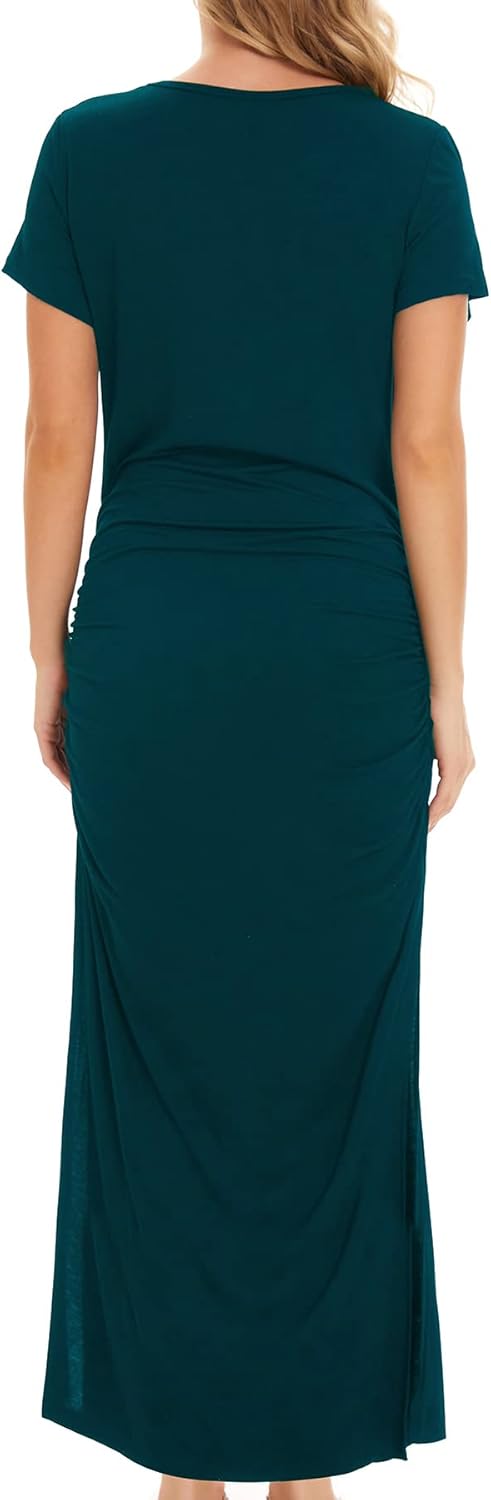 Smallshow Damen Lang Split Umstandskleid Sommer Kurzarm Umstandsmode XL Blaugrün, XL Blaugrün