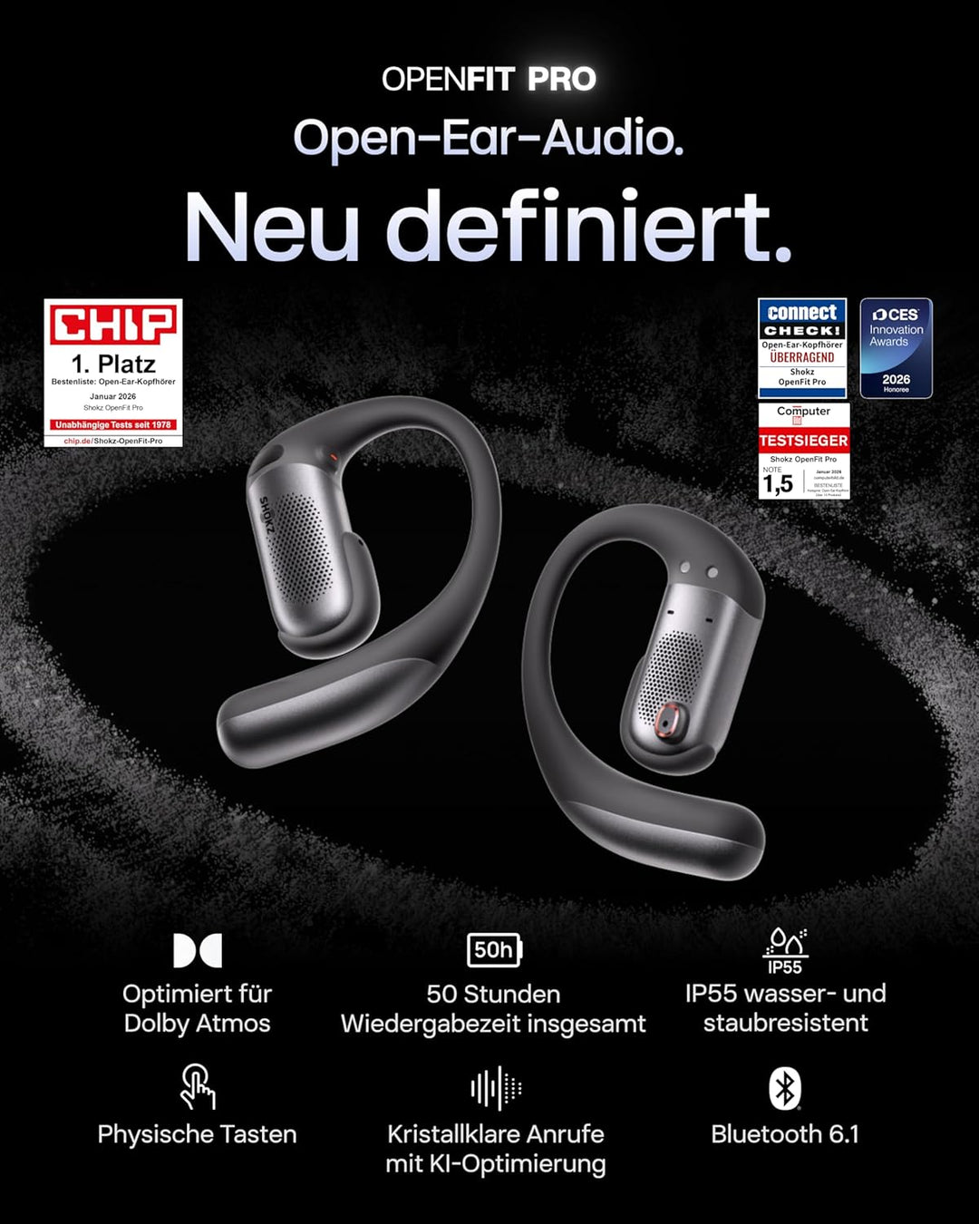 SHOKZ OpenFit Pro Open-Ear-Kopfhörer mit Open-Ear Geräuschreduzierung, Optimised for Dolby Atmos, Ti