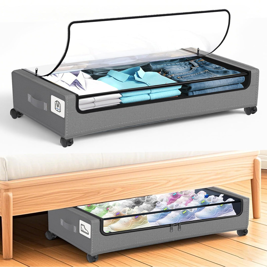 2 Stück Unterbett Aufbewahrungsbox mit Rollen und Deckel, Unterbettkommode mit klaren Deckeln & Etik