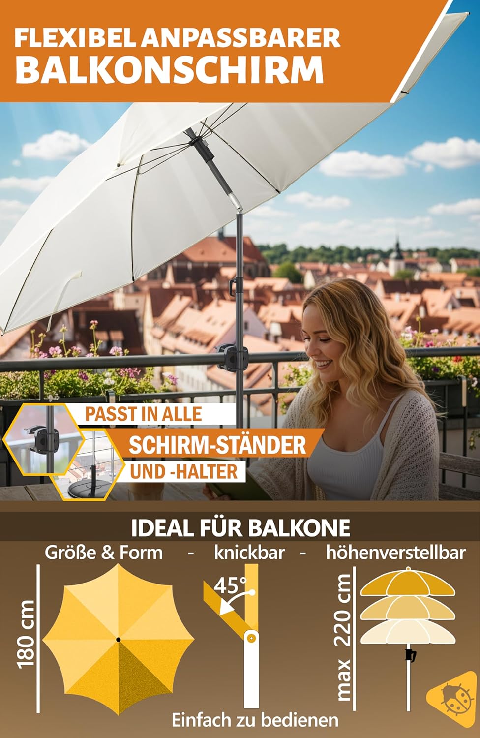 4smile Sonnenschirm Balkon 3-in-1 SET SunnyJoy, Beige - UPF 50+ Sonnenschirm Ø 180 cm + Sonnenschirm