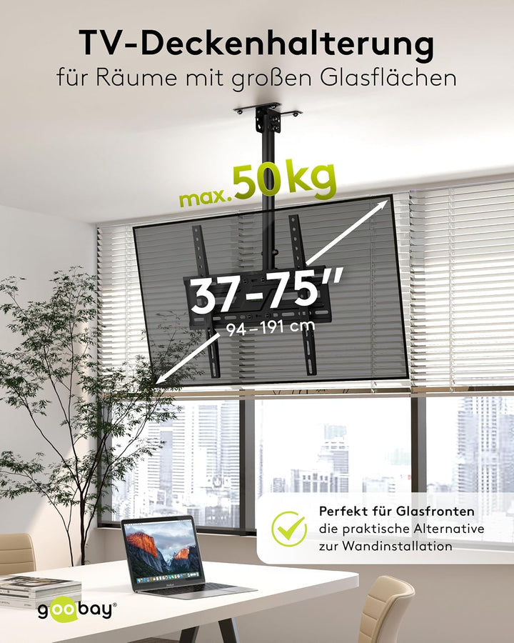 TV-Deckenhalterung für 37–75 Zoll, VESA 400x400, schwenkbar, neigbar, 50 kg | Pulverbeschichteter St