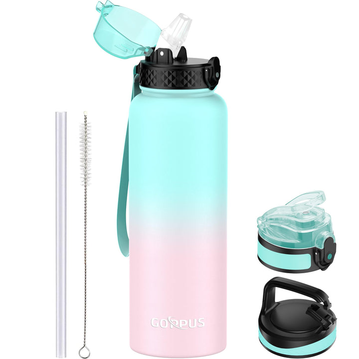 GOPPUS 1.2L/40oz Edelstahl Wasserflasche mit Strohhalm 1.2 Liter Heisse Thermosflasche Doppelwandige