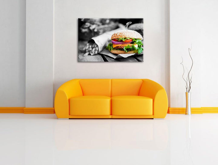 perfekter Burger mit Pommes schwarz/weiss Format: 100x70 auf Leinwand, XXL riesige Bilder fertig ger