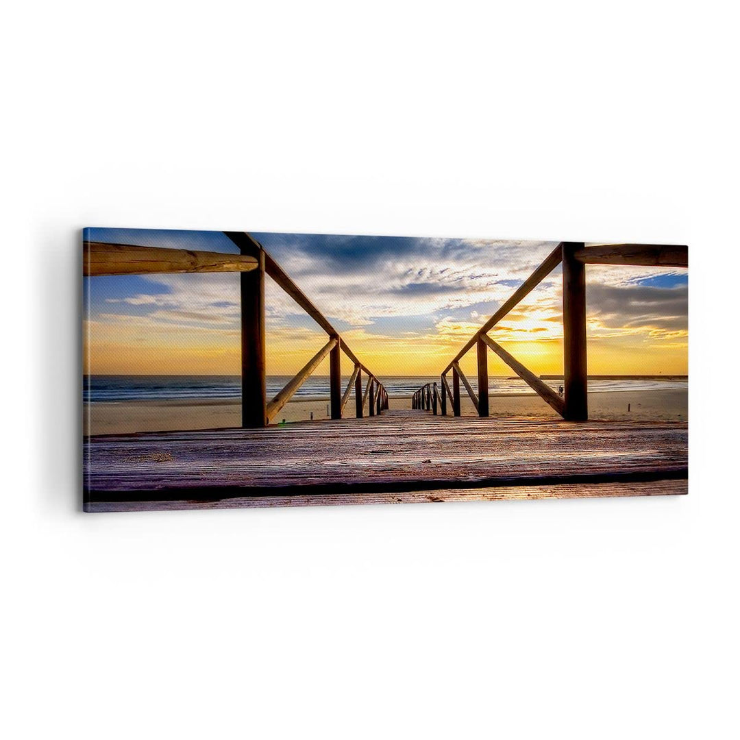 Bilder auf Leinwand 100x40cm Leinwandbild Strand Ozean Sand Holzbrücke Sonnenuntergang Gross Wanddek