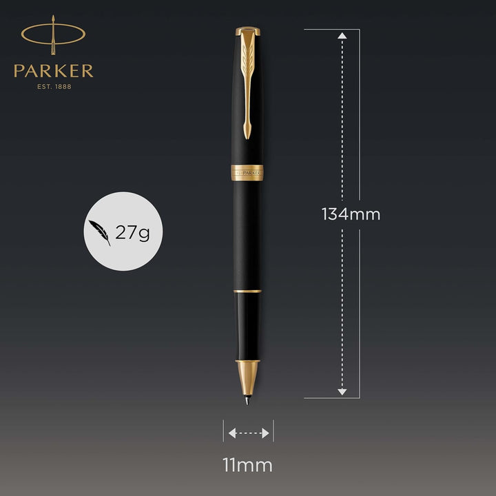 Parker Sonnet Tintenroller | Matt-Schwarze Lackierung mit Goldzierteilen | feine Spitze | Schwarze T
