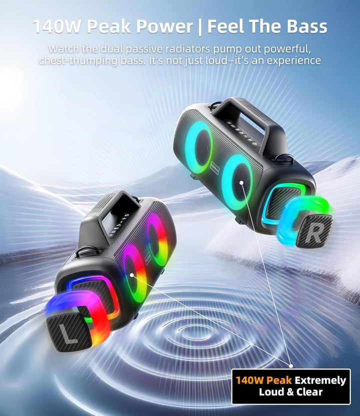 Portable Bluetooth Speaker Wireless,140W Peak Loud Sound with 2 Subwoofers & Bass Boost, IP65 Waterp