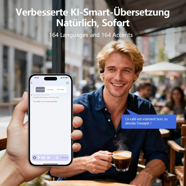 AI Übersetzung Ohrhörer Echtzeit, Übersetzer Kopfhörer 164 Sprachen & Akzente, Audifonos Traductores
