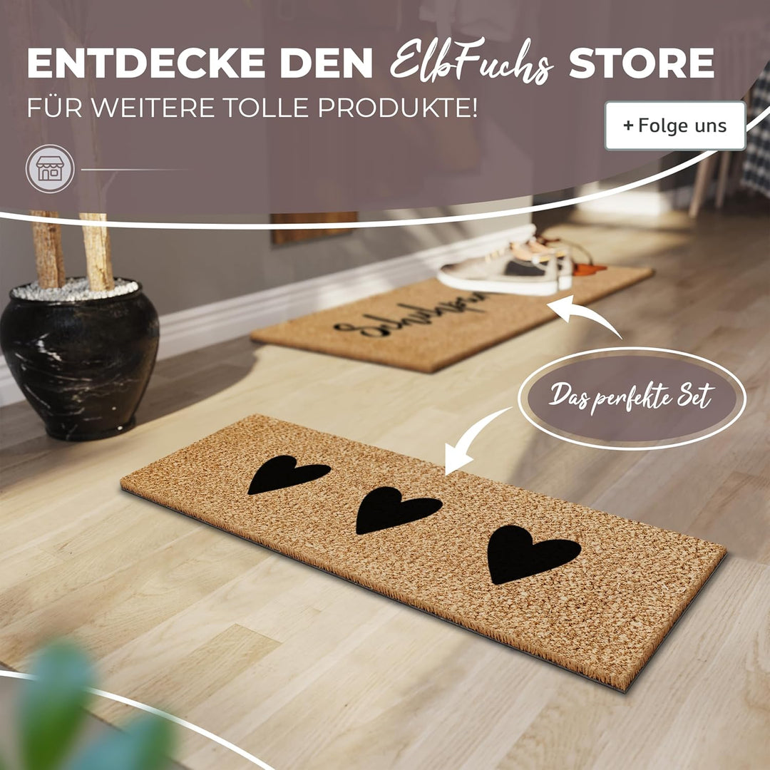 ElbFuchs Kokos Fussmatte 75x25cm mit Schwarze Herzen I Extra strapazierfähige & rutschfeste Kokosmat