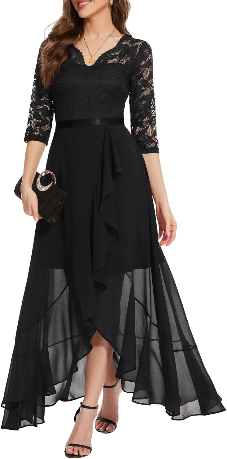 Bbonlinedress Abendkleider elegant für Hochzeit Spitzenkleid Chiffon Hi-Lo Kleid Brautjunferkleid Pa