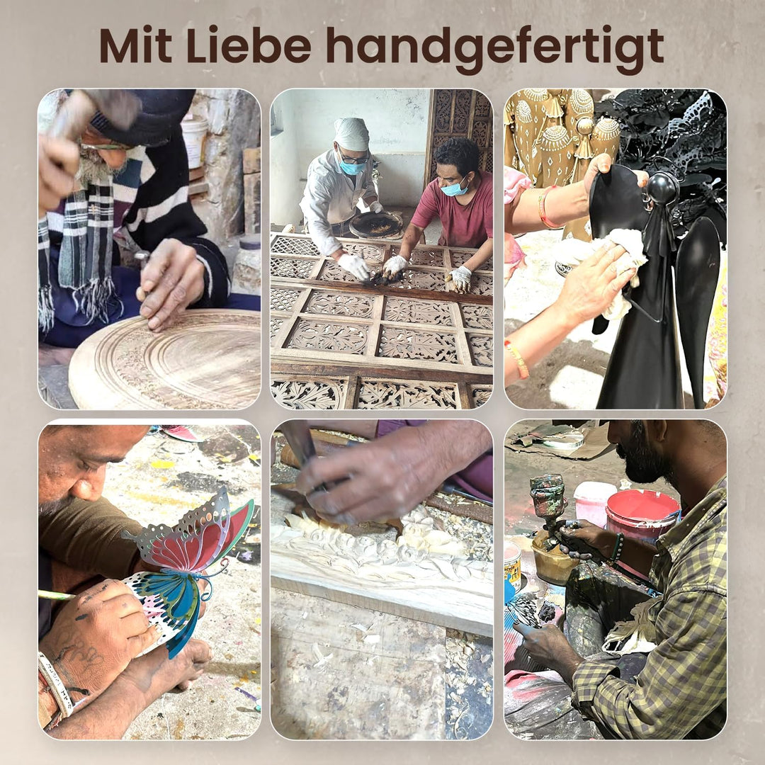 iAnanas Beistelltisch rund 46x46x56 cm – Handgeschnitzt aus massivem Mangoholz, braun – Antiker Wohn