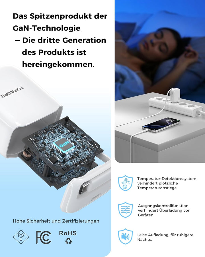 30W USB C Ladegerät, 2 Pack Schnellladegerät mit Einziehbares Ladekabel, GaN Ladegerät PD 3.0 Power