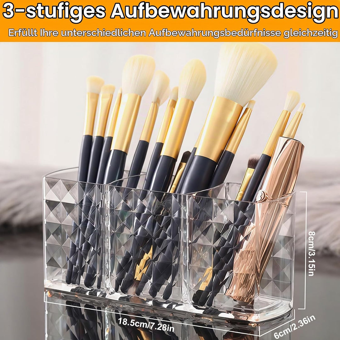 Kosmetik Organizer, 2-Pack Acrylic Pinselhalter, 3 Fächern Kristall Makeup Pinsel Halter, Klarer Sch