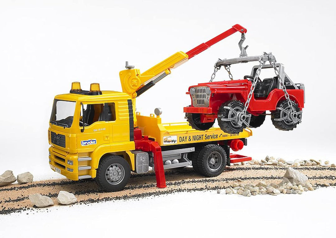 bruder 02750 - Man TGA Abschlepp-LKW mit Geländewagen - 1:16 Abschlepper Abschleppwagen Fahrzeug LKW