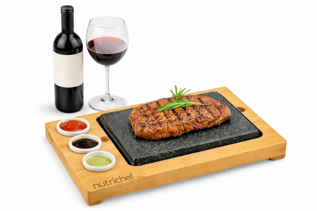 NutriChef Heisser Stein Grillplatte – Tischgrill-Set mit Bambus und Keramik Ideal für Steak und Dinn
