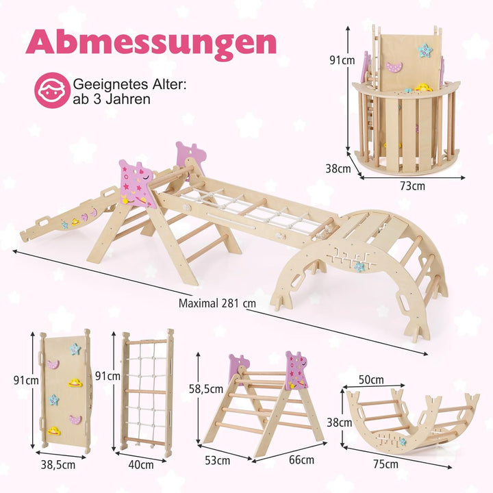 GOPLUS 9-in-1 Klettergerüst Indoor, Kletterdreieck Holz, 4er Set Kletterspielzeug mit Kletternetz, K