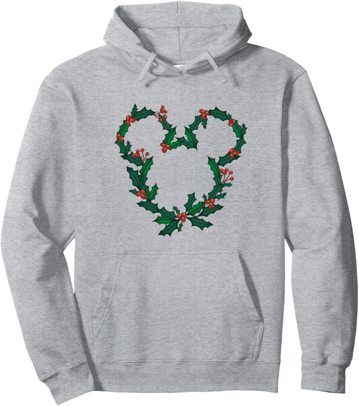 Disney Mickey Mouse Head Shape Icon Holly Christmas Wreath Pullover Hoodie