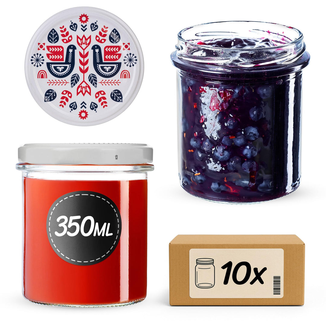 KADAX 10er Set Marmeladengläser 350ml TO82 Folklore I, Einmachgläser Vorratsgläser Mason Jar mit Sch