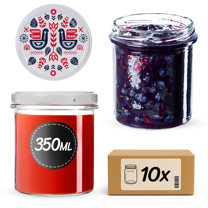 KADAX 10er Set Marmeladengläser 350ml TO82 Folklore I, Einmachgläser Vorratsgläser Mason Jar mit Sch