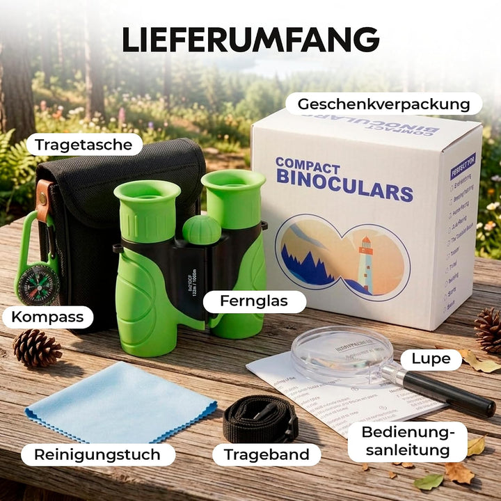 Kinderfernglas 8x21 – Entdecker-Set mit Lupe, Kompass, Tasche und Trageband für Wald, Zoo, Wandern,