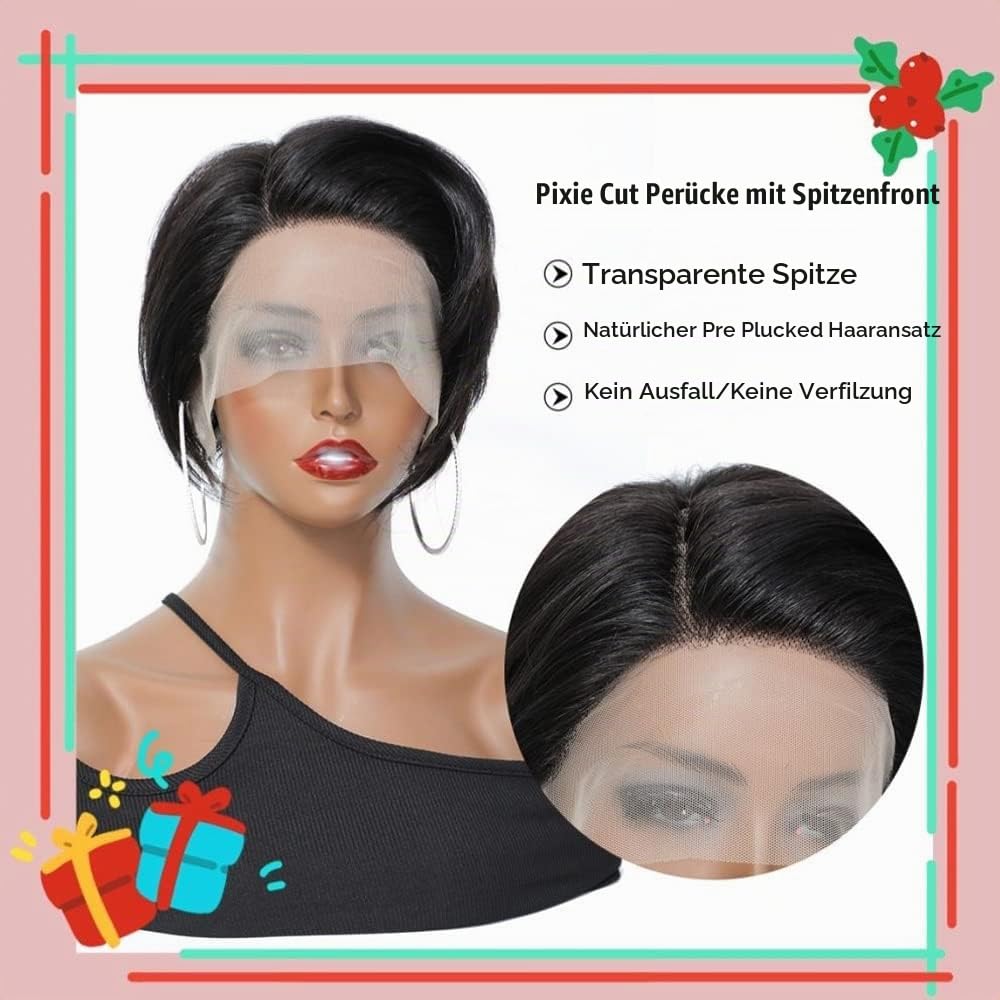 Pixie Cut Lace Front Schwarz Echthaar-Perücken mit Pony 13X4 Lace Front Perücken Short Bob Straight