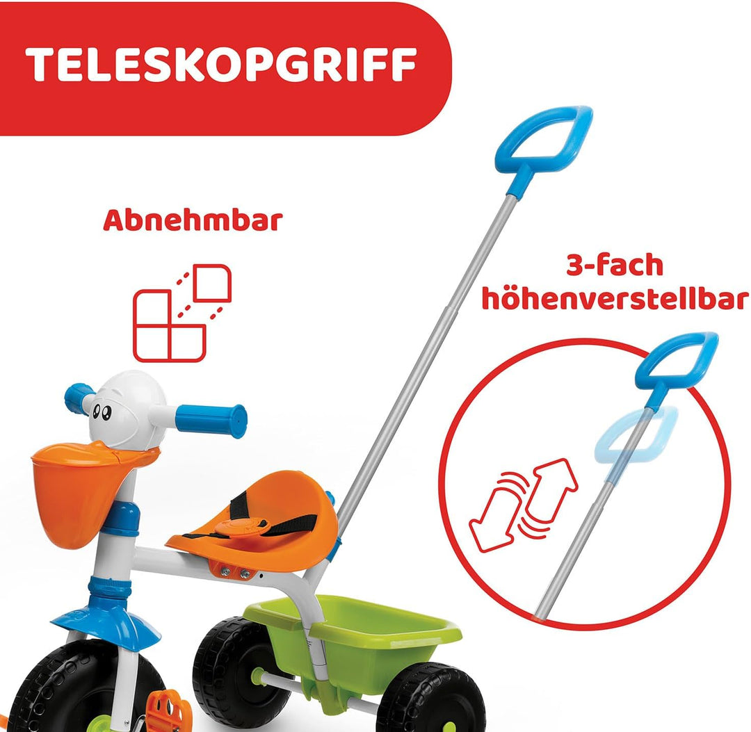 Chicco Pelikan Kinderdreirad, Dreirad für Mädchen und Jungen mit höhenverstellbarem Lenker, Sicherhe